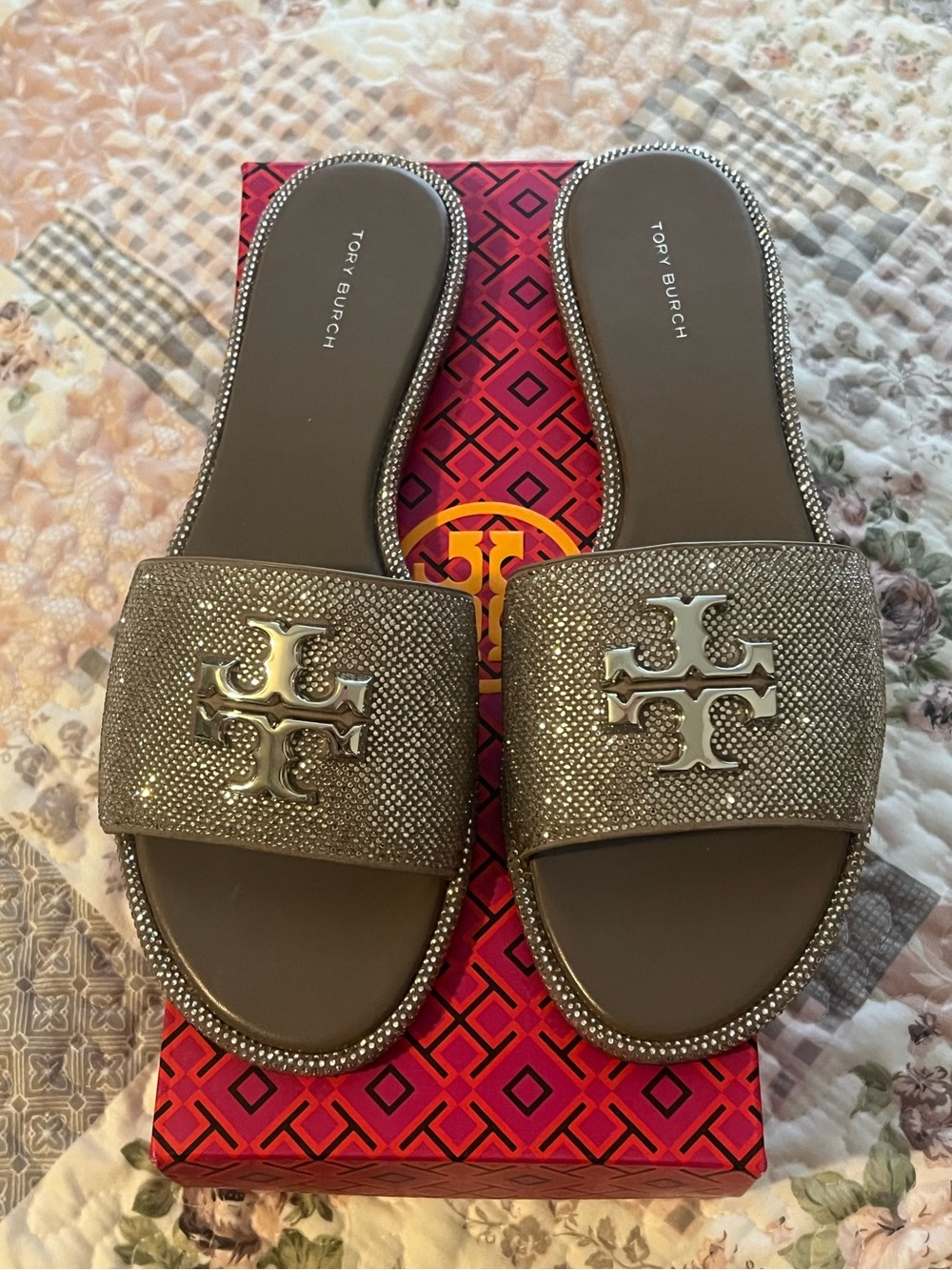 Tory Burch Silver Glitter Slip-On Mule Clogs